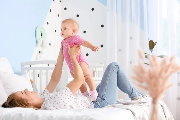 Happy Mother Cute Little Baby Home — Stock Photo, Image