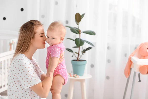 Happy Mother Cute Little Baby Home — Stock Photo, Image