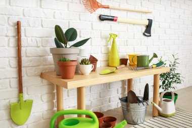 Ahırda farklı bahçe malzemeleri var.