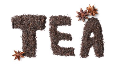 TEA sözcüğü beyaz arkaplanda kuru yapraklardan oluşur