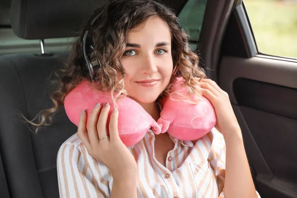 Beautiful Young Woman Travel Pillow Headphones Sitting Car — Stock Photo, Image