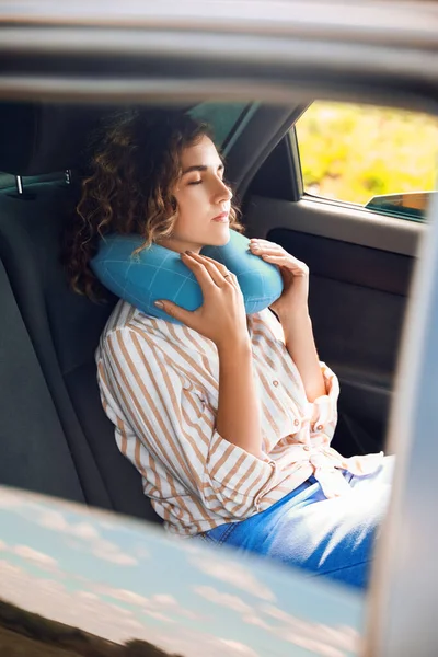 Beautiful Young Woman Travel Pillow Sleeping Car — Stock Photo, Image