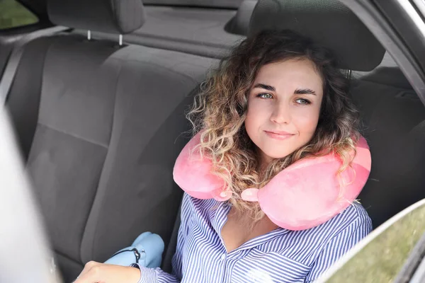 Beautiful Young Woman Travel Pillow Sitting Car — Stock Photo, Image