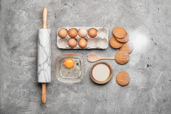 Ingredients Cookies Rolling Pin Gray Background — Stock Photo, Image