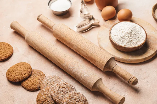 Ingredients Cookies Rolling Pins Color Background — Stock Photo, Image