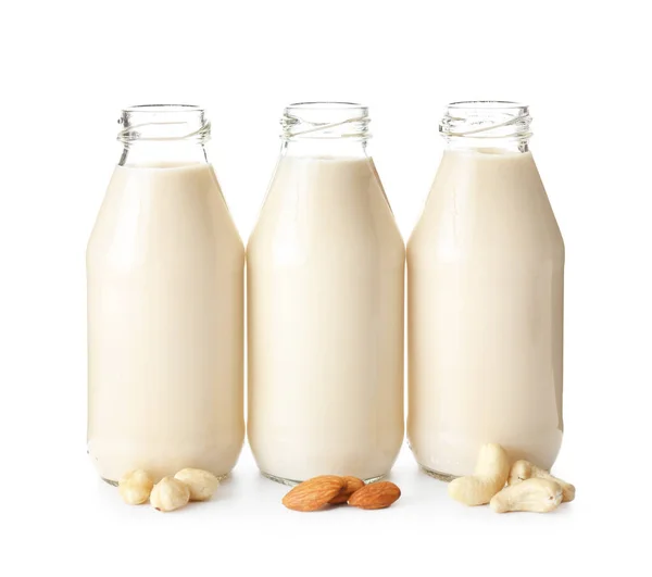 Бутылки Веганского Молока Белом Фоне — стоковое фото