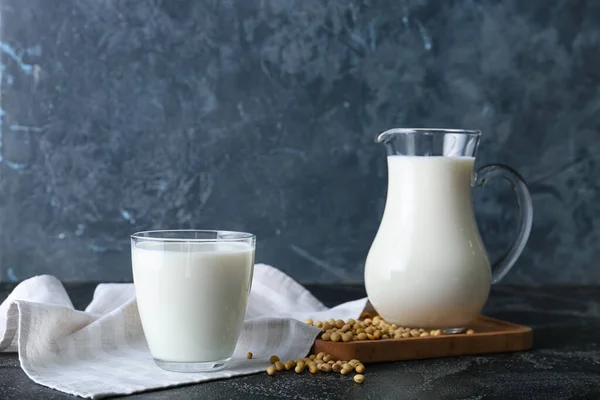 Jar Glass Soy Milk Dark Background — Stock Photo, Image