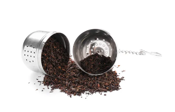 Infuser Dry Black Tea Leaves White Background — Stock Photo, Image