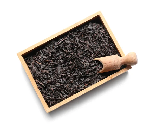 Box Dry Black Tea Leaves Scoop White Background — Stock Photo, Image