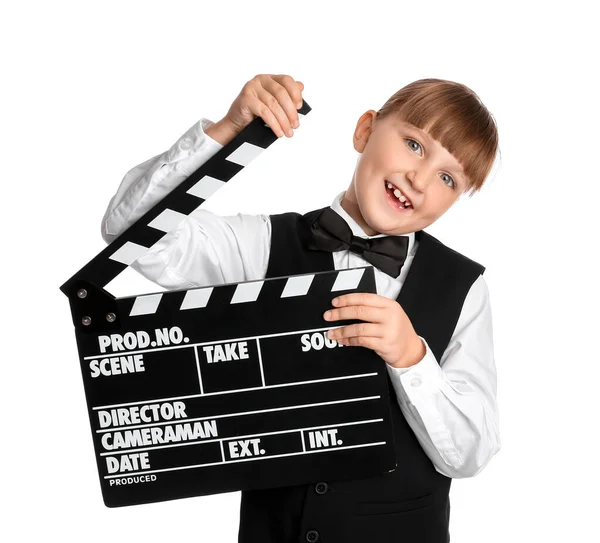 Kleines Mädchen Mit Filmklöppel Auf Weißem Hintergrund — Stockfoto