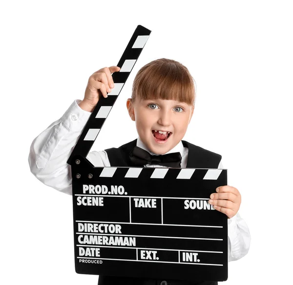 Klein Meisje Met Film Clapper Witte Achtergrond — Stockfoto