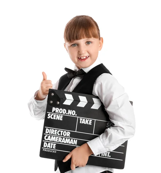 Kleines Mädchen Mit Filmklöppel Zeigt Daumen Hoch Geste Auf Weißem — Stockfoto