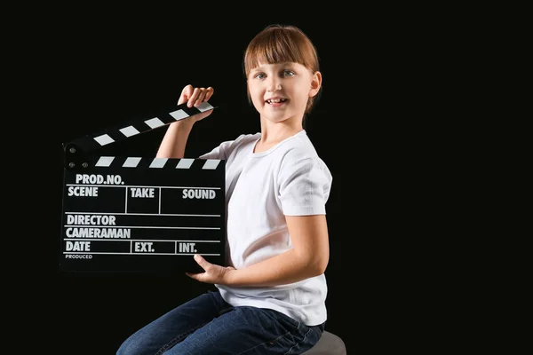 Little Girl Movie Clapper Dark Background — Stock Photo, Image