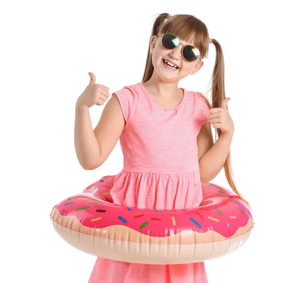 Cute Little Girl Inflatable Ring Stylish Sunglasses Showing Thumb Gesture — Stock Photo, Image