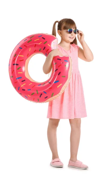 Cute Little Girl Inflatable Ring Stylish Sunglasses White Background — Stock Photo, Image