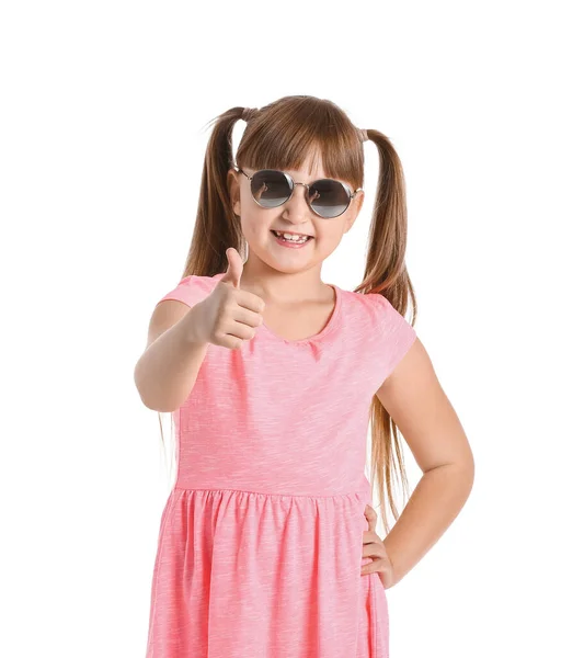 Cute Little Girl Stylish Sunglasses Showing Thumb Gesture White Background — Stock Photo, Image