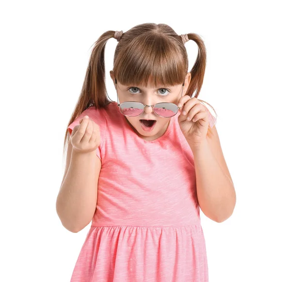 Surprised Little Girl Wearing Stylish Sunglasses White Background — Stock Photo, Image