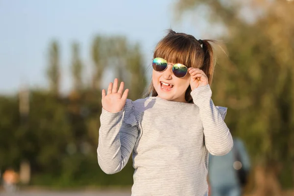Cute Little Girl Stylish Sunglasses Outdoors — Stock Photo, Image
