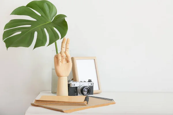 Wooden Hand Photo Camera Notebooks Table Room — Stock Photo, Image