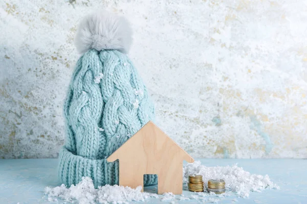 Figure House Coins Snow Warm Hat Table Concept Heating Season — Stock Photo, Image