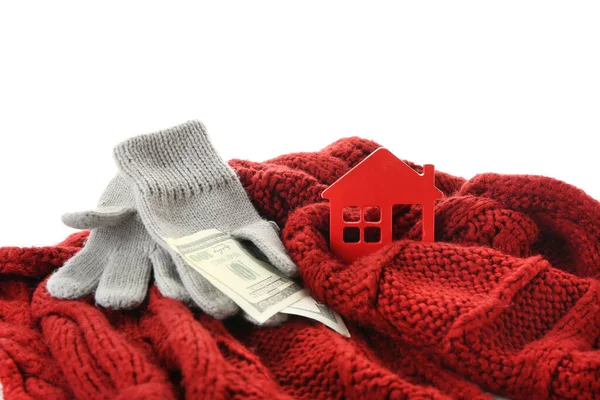 Figure House Money Warm Clothes White Background Concept Heating Season — Stock Photo, Image