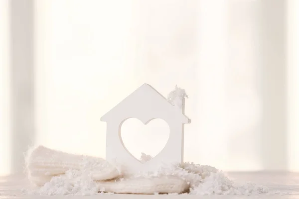 Figure House Snow Warm Mittens Table Light Background Concept Heating — Stock Photo, Image