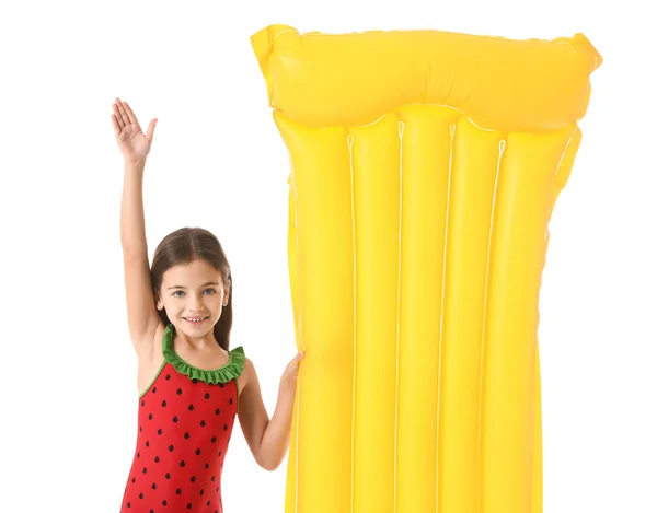 Cute Little Girl Inflatable Mattress White Background — Stock Photo, Image