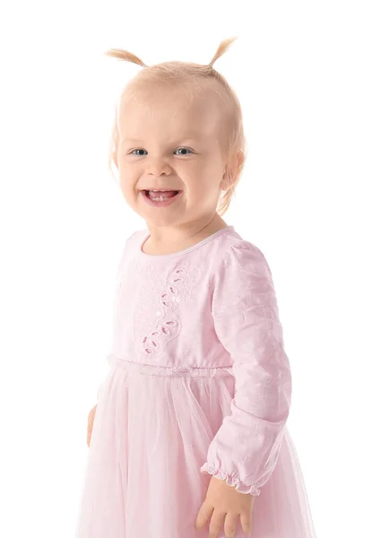 Retrato Menina Pequena Feliz Fundo Branco — Fotografia de Stock