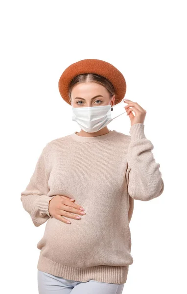 Young Pregnant Woman Wearing Medical Mask White Background — Stock Photo, Image