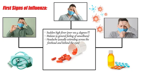 Illrar Man Skyddande Medicinsk Mask Och Första Tecken Influensa Vit — Stockfoto