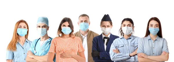 Collage Verschiedener Personen Mit Schutzmasken Auf Weißem Hintergrund — Stockfoto