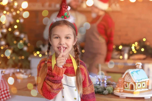 Little Girl Showing Silence Gesture Kitchen Christmas Eve — Stock Photo, Image