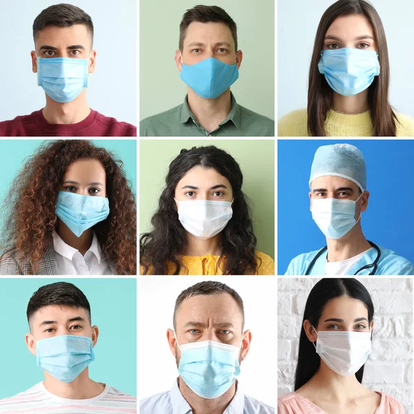 Collage Van Verschillende Mensen Met Beschermende Maskers — Stockfoto