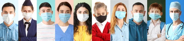 Colagem Pessoas Diferentes Usando Máscaras Protetoras — Fotografia de Stock