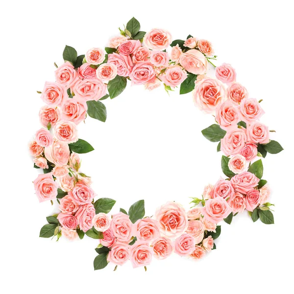 Frame Made Beautiful Pink Roses White Background — Stock Photo, Image