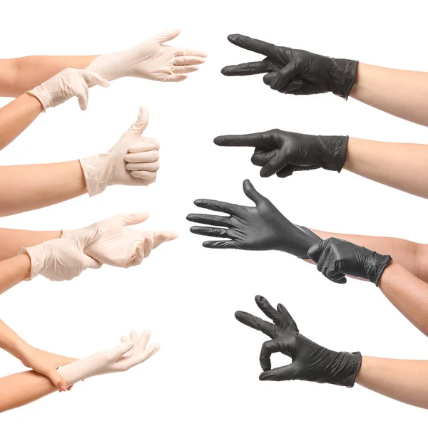 白い背景に保護医療用手袋で手をジェスチャー — ストック写真