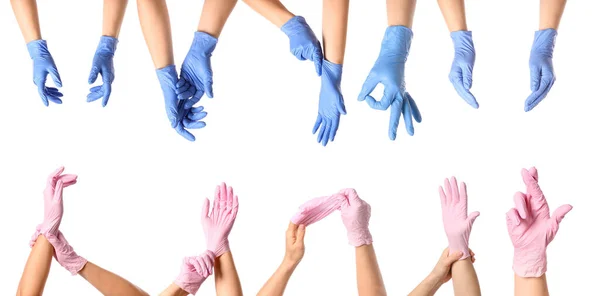 Gesturing Hands Protective Medical Gloves White Background — Stock Photo, Image