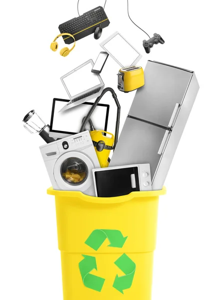 Different Modern Devices Gadgets Falling Trash Bin Recycling Sign White — Stock Photo, Image