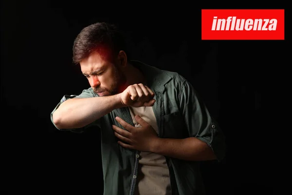 Coughing Man Ill Influenza Dark Background — Stock Photo, Image