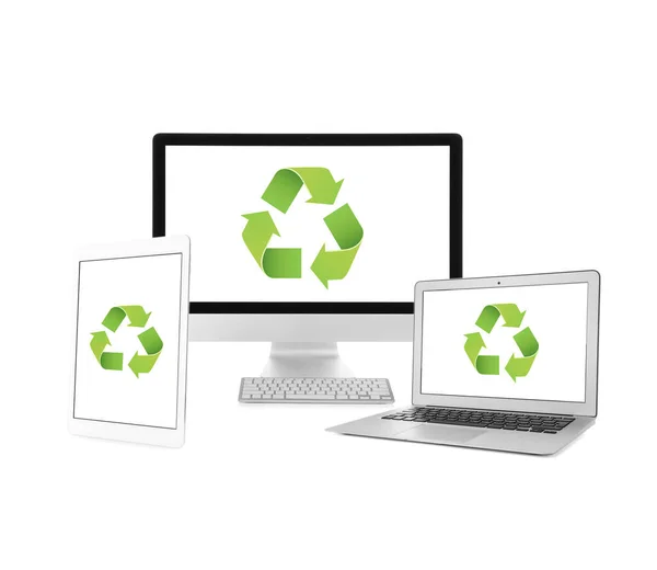 Different Modern Devices Recycling Signs Screens White Background Ecology Concept — Stock Photo, Image