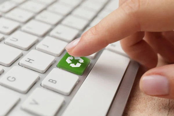 Woman Pressing Key Keyboard Closeup Ecology Concept — Stock Photo, Image