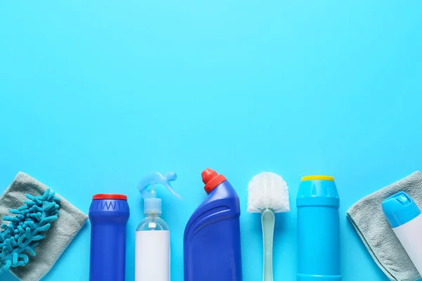 Set Cleaning Supplies Color Background — Stock Photo, Image