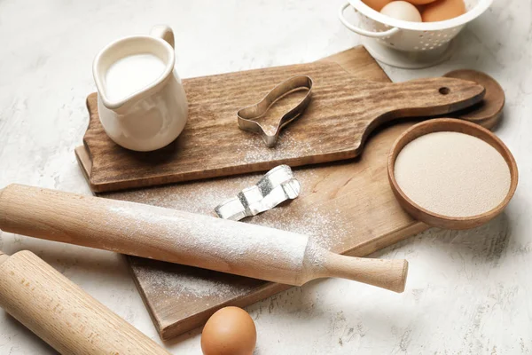 Ingredients Cookies Rolling Pins Light Background — Stock Photo, Image