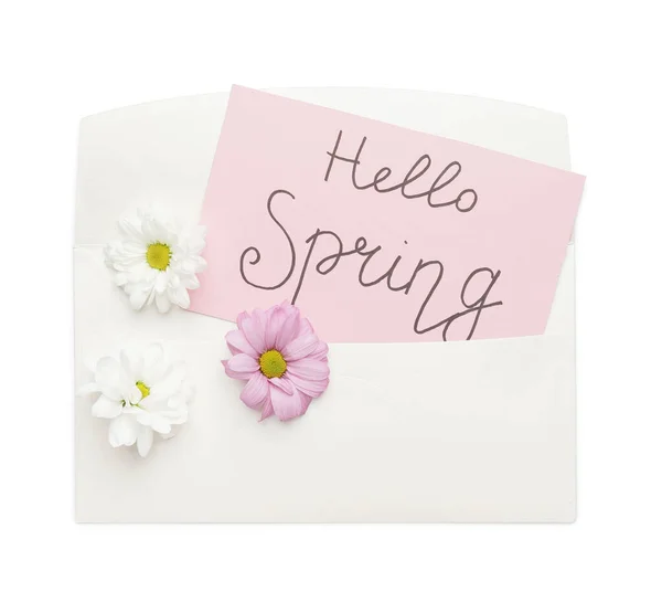 Tarjeta Con Texto Hello Spring Sobre Sobre Fondo Blanco — Foto de Stock