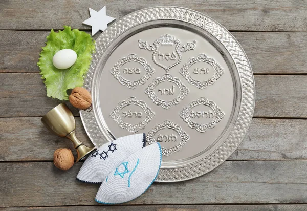 Festive Composition Passover Celebration Wooden Background — Stock Photo, Image