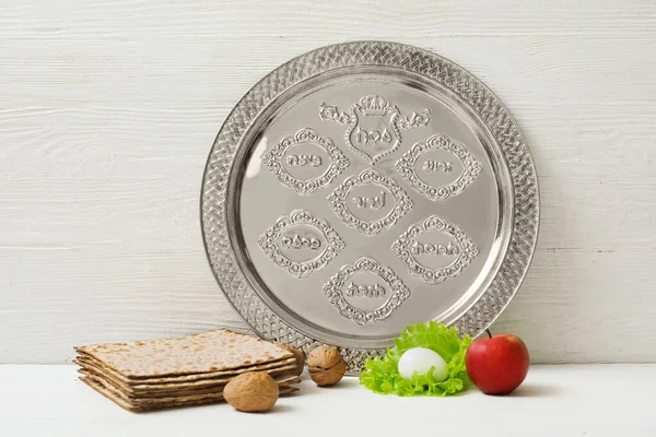 Passover Seder Plate Traditional Food White Wooden Background — Stock Photo, Image