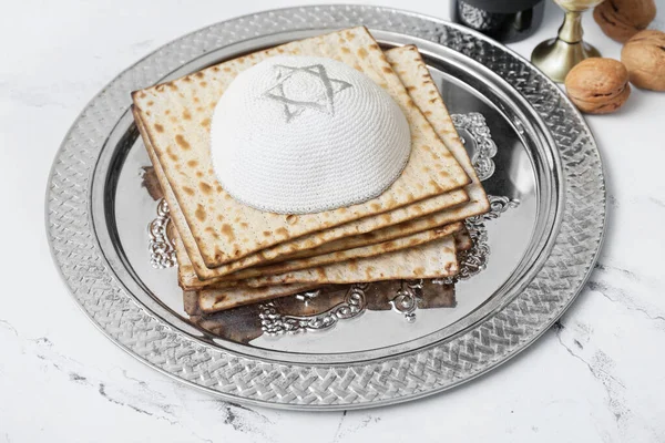 Passover Seder Plate Matzo Jewish Cap Table — Stock Photo, Image