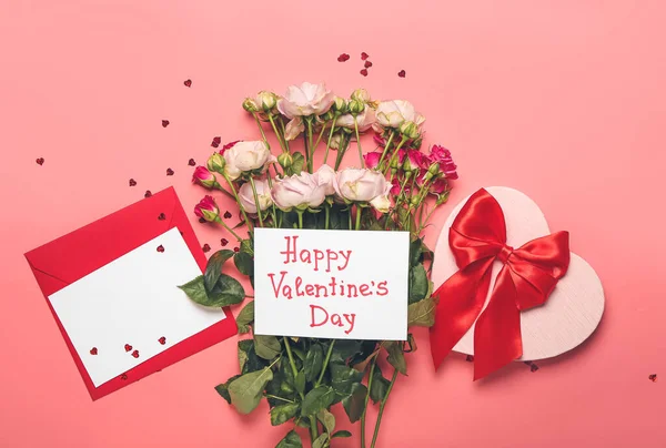 Regalo Fiori Rosa Biglietto Auguri Festa San Valentino Sullo Sfondo — Foto Stock