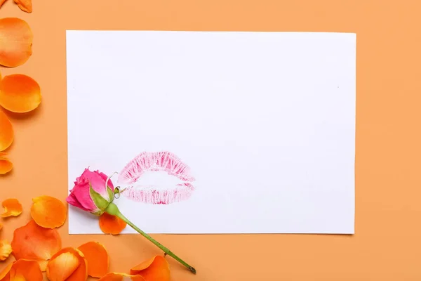 Empty Greeting Card Lips Print Rose Flowers Color Background — Stock Photo, Image