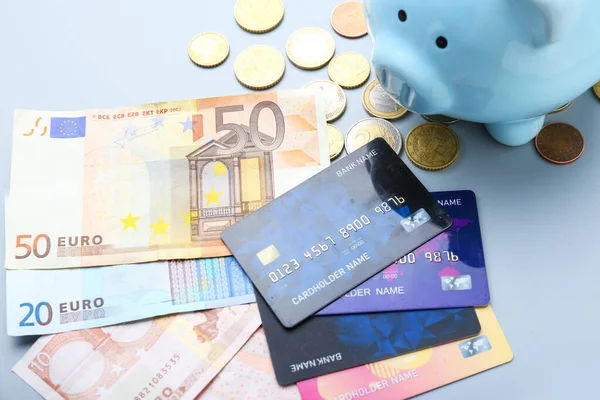 Credit Cards Money Piggy Bank Grey Background — Stock Photo, Image